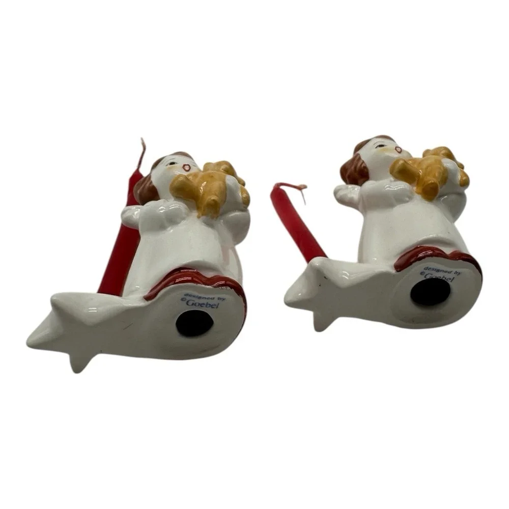 Pair of Vintage Goebel Christmas Candle Holders Angel w/ Teddy Bear 2.5